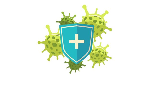 Animated medical shield defending against spreading green virus cells representing immune system protection and healthcare safety concept.