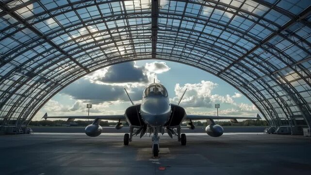 Military Aircraft Fighter Jet Inside Arched Glass Hangar Beneath Bright Sky and Sunlight