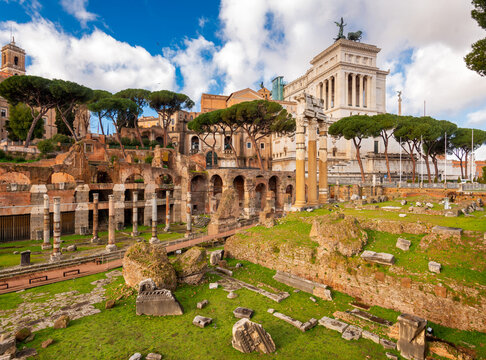Rome, Italy with Monument to Victor Emmanuel II and ancient Roman Ruins in the daytime 285