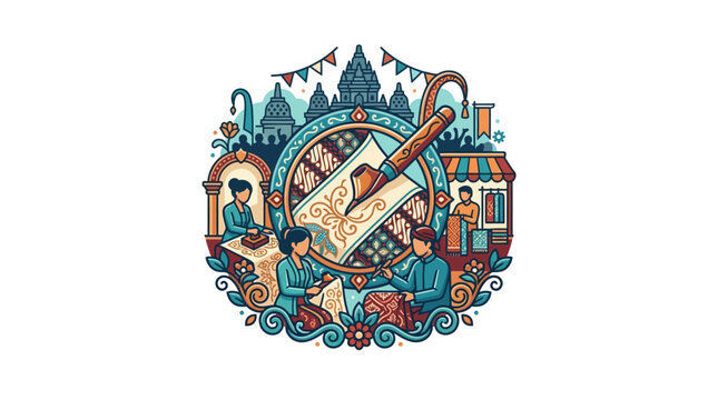 Traditional Indonesian batik making process circular illustration.