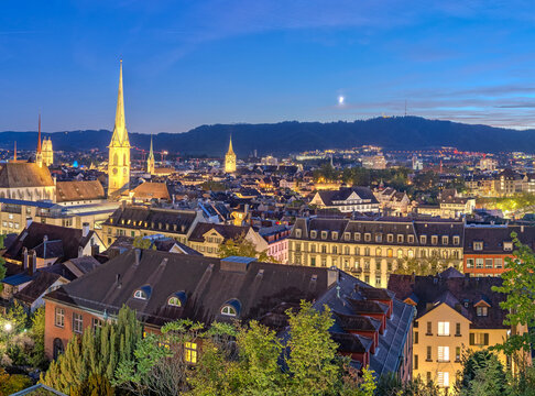 Zurich, Switzerland cityscape with church steeples at twilight 291
