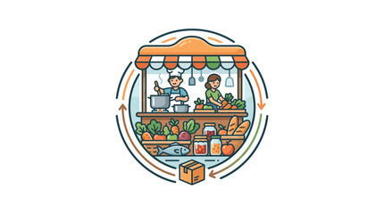 Fototapeta premium Traditional street food stall illustration with chef and vegetables.