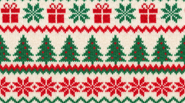 Festive Christmas knitted pattern with trees and gifts on a cream background during winter holidays