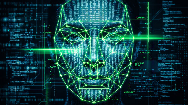 Digital face recognition technology with green neon facial scan
