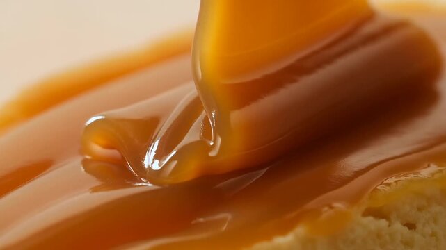 Slow motion close up of caramel sauce pouring and folding over pastry surface on plate in studio kitchen setting