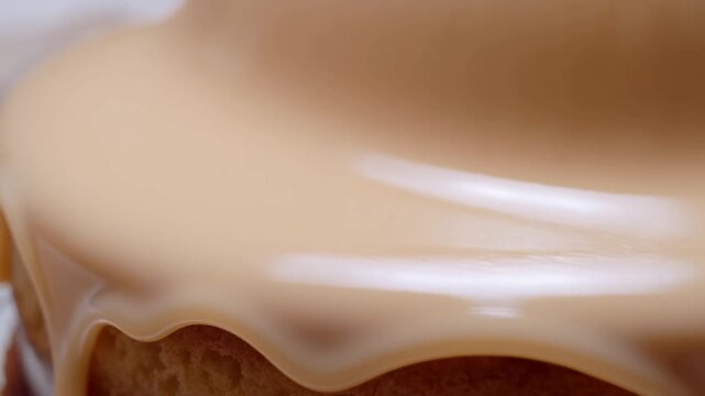 Slow motion close up of caramel sauce pouring and dripping over sponge cake on studio plate