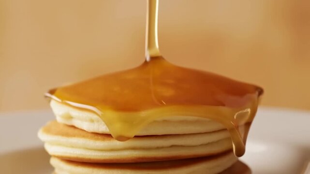 Slow motion close up of syrup pouring over stack of pancakes on white plate on kitchen countertop with warm background