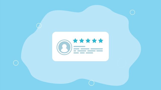 A motion graphic animation showcasing positive customer feedback with a five-star rating and profile icon, representing excellent service and satisfaction on a blue background.