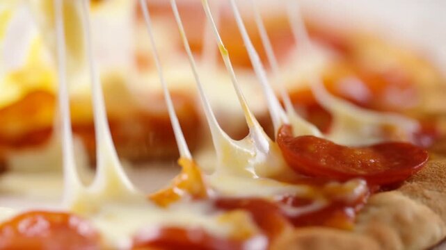 Slow motion close up tilt of pizza slice being lifted with cheese stretch on kitchen countertop
