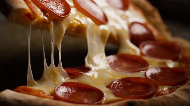 Slow motion close up dolly of pepperoni pizza slice being lifted with cheese stretch over rustic crust in kitchen