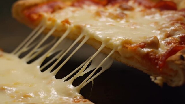 Slow motion tracking close up of cheese pull as slice of pepperoni pizza is lifted from wooden board in dim studio lighting