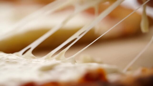 Slow motion close up tracking shot of cheese stretching as slice is pulled from pizza on wooden board in kitchen