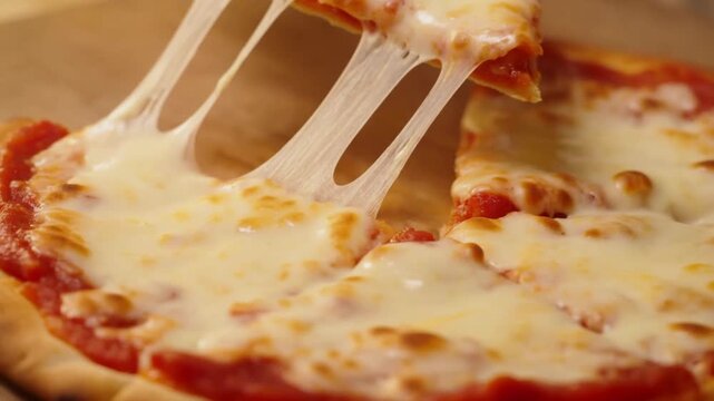 Slow motion tracking shot of cheese pulling from pizza slice being lifted from thin crust pizza on wooden board in kitchen setting
