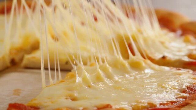 Slow motion close up of hand pulling cheese slice from pepperoni pizza on wooden board in kitchen countertop