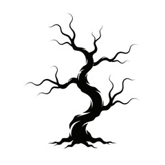 Fototapeta premium Spooky dead tree silhouette, gnarled black leafless branches, creepy halloween tree vector, twisted dry wood icon on white