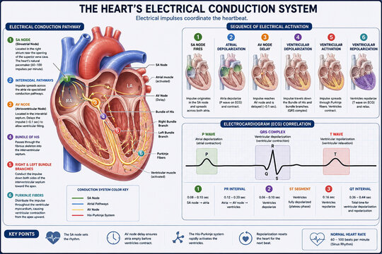 Medical infographic illustrating the electrical conduction system of the heart,  SA node, AV node, Bundle of His, and Purkinje fibers, paired with a synchronized Electrocardiogram