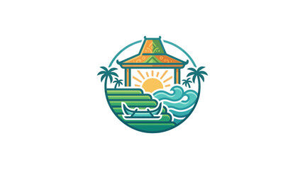 Obraz premium Tropical island pavilion emblem with boat and waves.