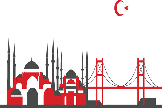 Istanbul skyline silhouette featuring the blue mosque and bosphorus bridge with the turkish flag symbol