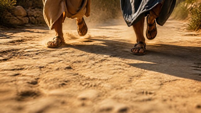 Feet of two men in sandals walking on dusty road. Disciples return to Jerusalem after meeting risen Jesus Christ. Gospel story, faith journey and Easter resurrection concept