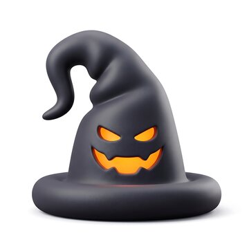 3D Spooky halloween witch hat with glowing jack o lantern face pumpkin face spooky decoration evil smile