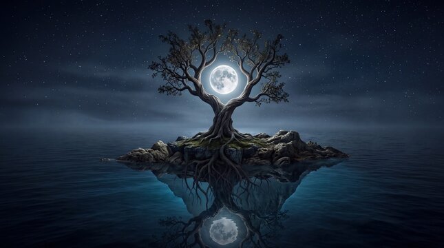 Surreal cinematic fine art scene of an ancient tree seemingly holding a luminous full moon above a calm dark ocean, symbolizing balance, responsibility, nature, and the connection between the earthly 