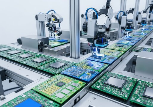 Intricate circuit boards move along a high-tech automated production line within a modern industrial facility focused on microelectronics, future, semiconductor, electrical