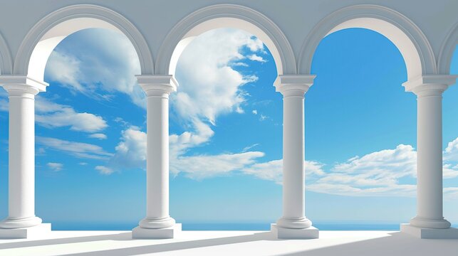 Elegant white classical archways and columns framing a bright blue sky