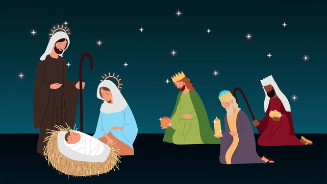 Nativity scene with baby Jesus Mary Joseph and three wise men under starry night sky.