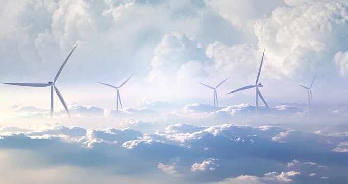 3d rendered wind turbines generating clean electricity high in the atmosphere. Sustainable clean energy related 3d animation.