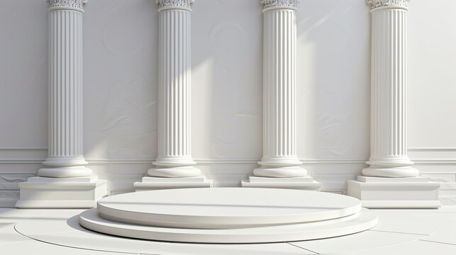 Elegant white neoclassical colonnade with tall fluted pillars and circular stepped podium