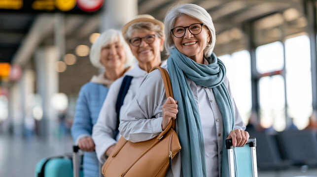 Joyful group of cheerful faceless senior women all smiles eagerly preparing for their exciting journey at airport, defocused elderly travel excitement, mature friendship