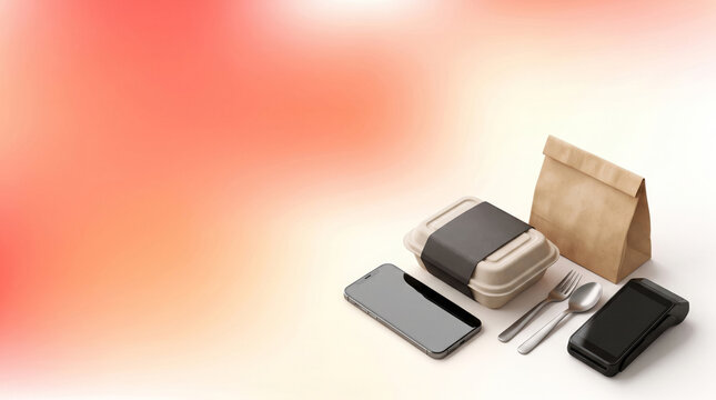 Online food ordering and delivery service setup with smartphone and payment terminal