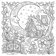 Fototapeta premium Coloring page fantasy moon garden cottage and owl for relaxation.