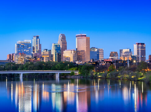 Minneapolis, Minnesota, USA on the Mississippi River at blue hour 384