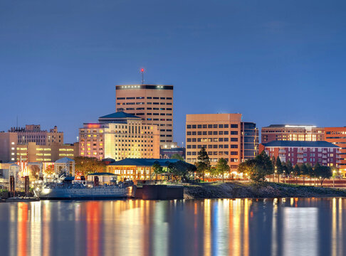 Evansville, Indiana, USA downtown skyline on the Ohio River at blue hour 372