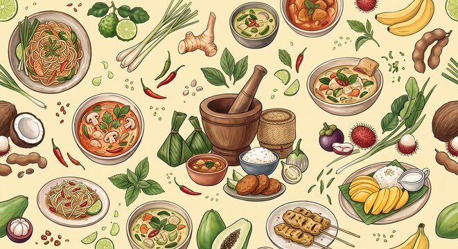 Colorful Thai food culture illustration with tom yum pad thai and tropical desserts