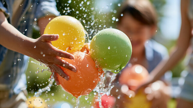 Happy faceless family splashing water balloons in sunny backyard enjoying summer fun and outdoor activity together, defocused playful water fight, seasonal recreation moment, with