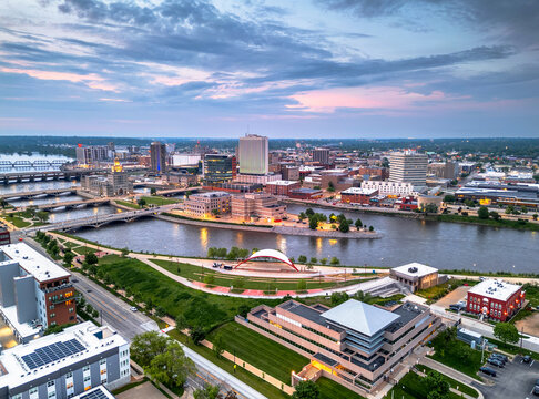 Cedar Rapids, Iowa, USA cityscape on the Cedar River at dusk 331