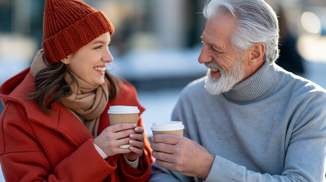 Joyful faceless girl in red coat and hat poses with smiling elderly man in gray sweater, both holding coffee cup in snowy city setting, defocused intergenerational winter moment,