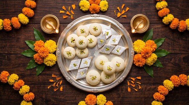 Traditional Indian sweets like sandesh and kaju katli in a silver plate with marigold flowers and brass diyas on a wooden background for Diwali