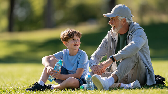 Grandfather and grandson faceless sharing joyful water break during outdoor sports activity on grassy field, concept of family bonding intergenerational fitness active lifestyle,
