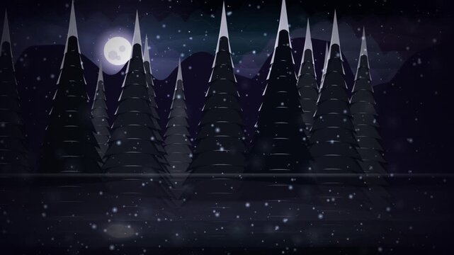 Seamless loop of a magical winter night forest with falling snow and full moon. Epic fantasy winter night forest loop animation