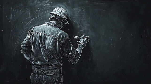 A grayscale illustration of a construction worker in a hard hat working on a dark surface