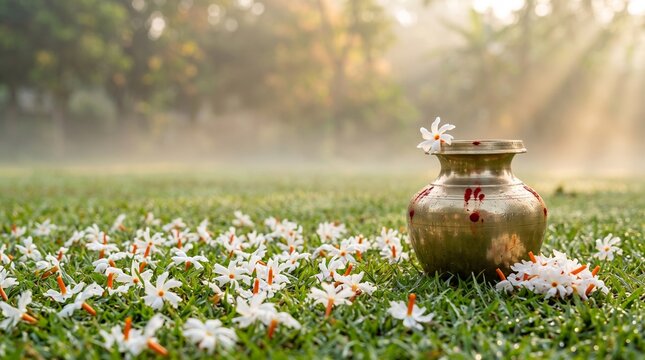 Traditional brass kalash pot with shiuli or parijat flowers scattered on green grass during autumn morning for Durga Puja