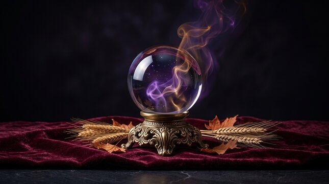 Crystal ball with magical purple and orange smoke on an ornate stand over a velvet cloth with autumn leaves