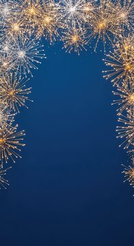 Sophisticated deep blue backdrop adorned with radiant gold and silver pyrotechnic bursts, creating a minimalist yet festive holiday scene, shining, anniversary, radiance