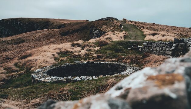 Ancient stone circle ruins on a grassy hillside landscape