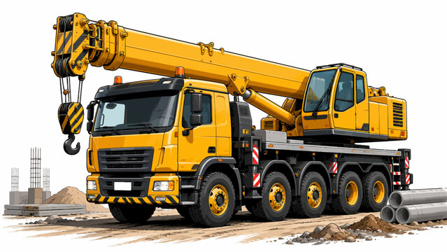 Yellow mobile crane truck on construction site for heavy lifting and industrial projects