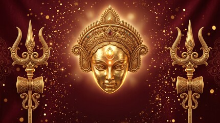 Fototapeta premium Golden Goddess Durga face with trishul on a festive red background with sparkling lights for Navratri and Durga Puja