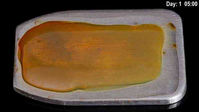 rust forming on an iron plate in water time lapse
